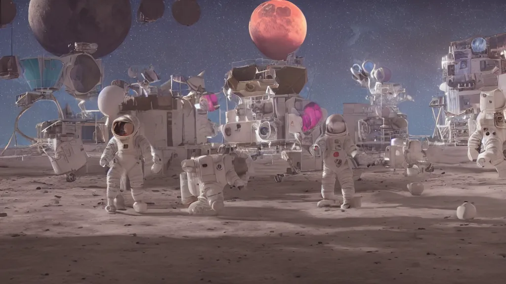 Image similar to disney world on the moon, photorealistic, 8 k, extreme detail, rendered in octane, rendered in arnold, rendered in vray, created in unreal engine 5, crowds of people in space suits in line to ride the bounce machine