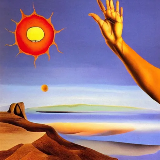 Prompt: portrait of a hand pointing at the sun in the sky, painted by Salvador Dali