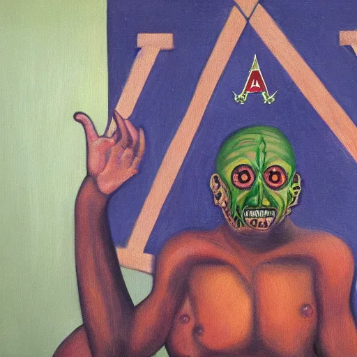 Image similar to portre of an autistic demon on acid, masonic and kabalistic symbols in background, oil painting