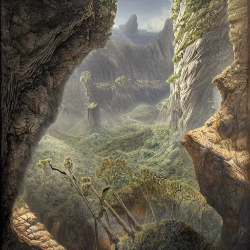 Prompt: a massive organic bio megastructure on a cliff side above a canyon, by ernst haeckel, by lebbeus woods, by laurie lipton, photorealistic, zaha hadid, volumetric lighting, detailed, intricate, raytrace, octane, mirror, cgscociety,