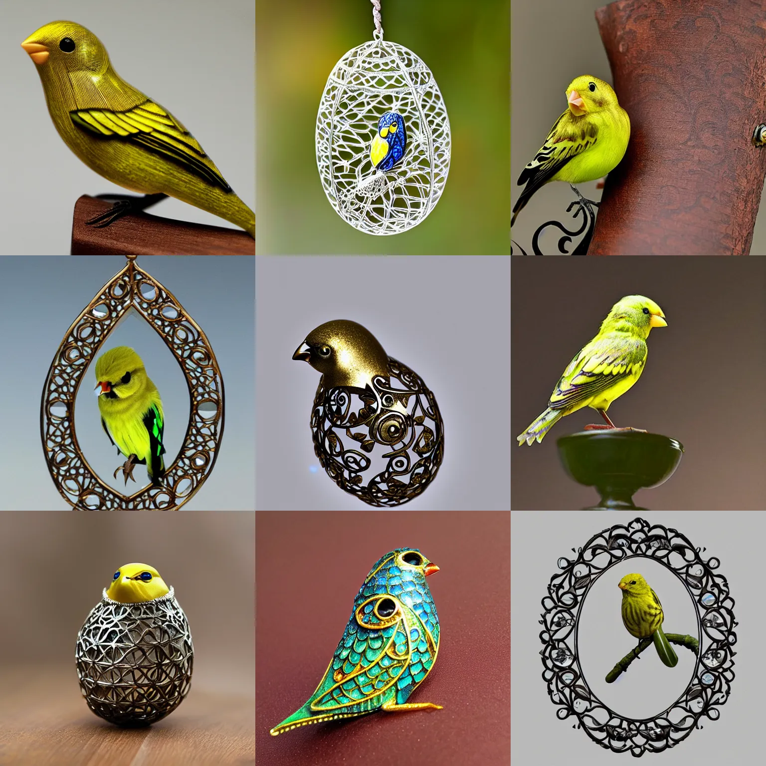 Prompt: hollow filigree canary with gemstone in its heart, photography