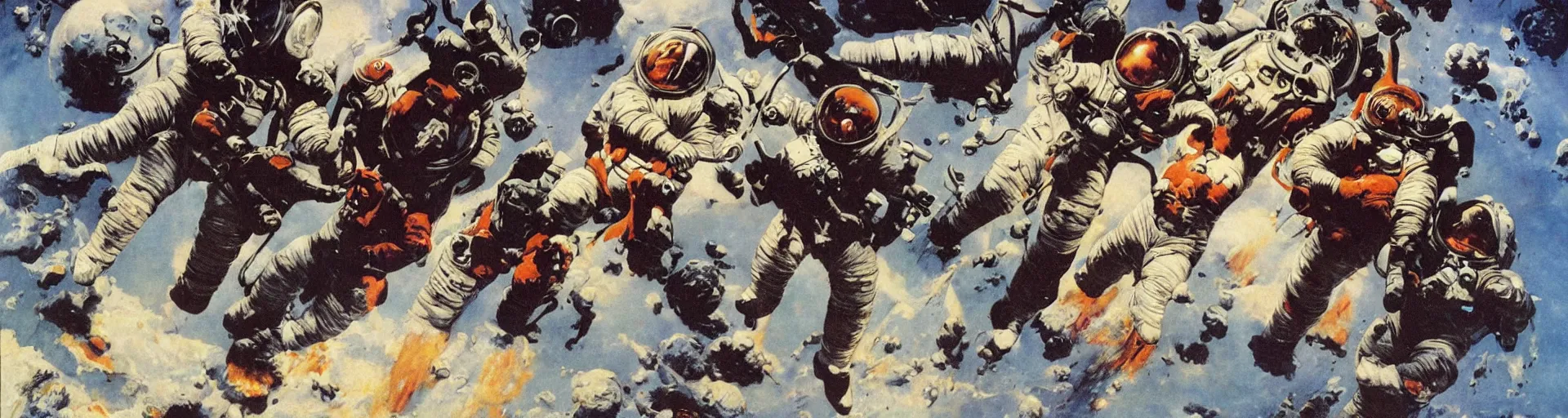 Prompt: astronauts in the space by frank frazetta