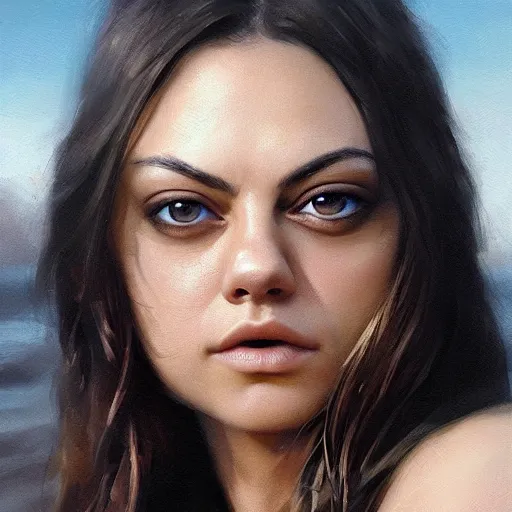 Image similar to winking mila kunis closeup portrait, dramatic light, lake background, 2 0 0 mm focal length, painted by stanley lau, painted by greg rutkowski, painted by stanley artgerm, digital art, trending on artstation