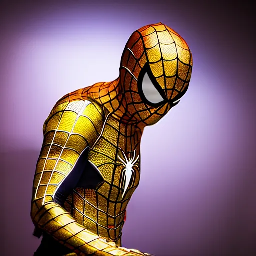 Image similar to gold spider - man suit with black web lining, cinematic, volumetric lighting, realistic, hyperdetailed, photorealistic, photograph