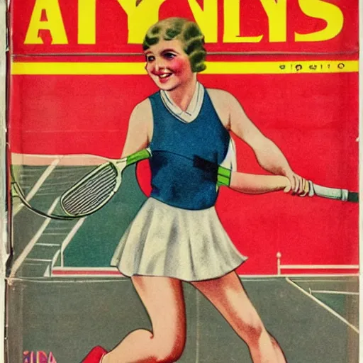 Image similar to a 1 9 2 8 cover of a quality magazine. happy, healthy, beautiful, smiling, young, sporty, glowing woman in decent athletic wear playing tennis. hyper - realistic detailed color drawing