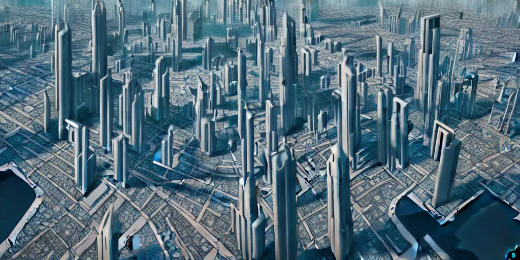 Image similar to areal view of mechanical futuristic utopian brutalist city