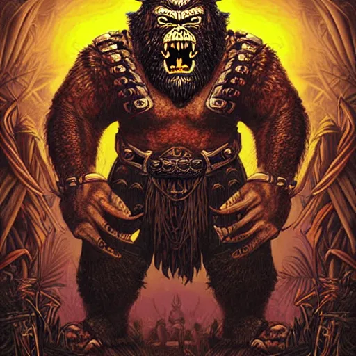 Image similar to barong family member, viking warrior, viking beard, king kong, wiwek, mara demon, one single tribe member, jungle, one single mask, dark, ancient warrior, tribal, inner glow, art by dan mumford and justin gerard