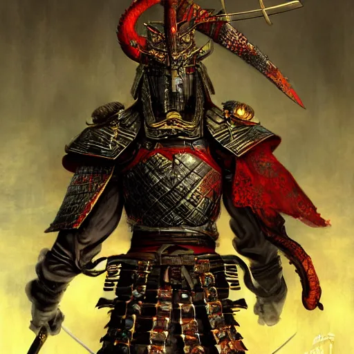 Image similar to a full body samurai with dragon armor by karol bak, ayami kojima, amano, concept art, character design, fantasy, 3 d, 8 k resolution