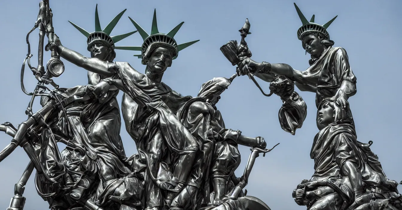 Prompt: guy looking like statue of liberty rides a motorbike