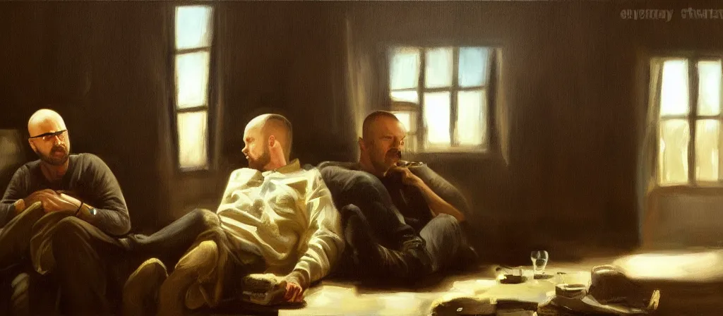 Prompt: an ultra detailed beautiful oil painting of jesse pinkman and heisenberg from breaking bad, cinematic composition, soft shading, by sargent, by giovanni strazza, by raffaelo monti