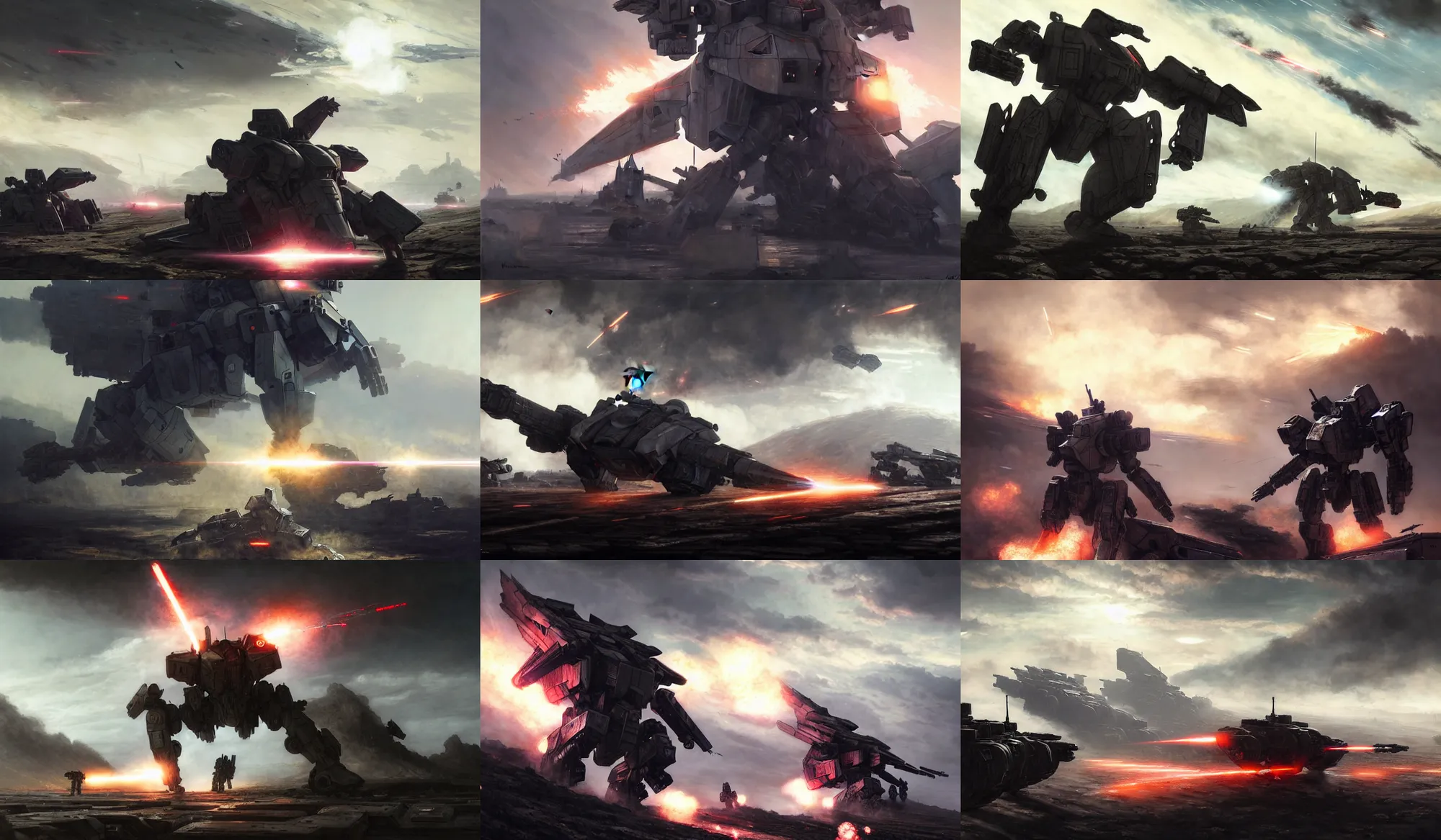 Prompt: an armored core on the ground, booster flares, legs, laser rifles, karst landscape, clouds, daylight ; detailed illustrations, pastel tones, deep colors, clear lines, motion blur, by jordan grimme, greg rutkowski