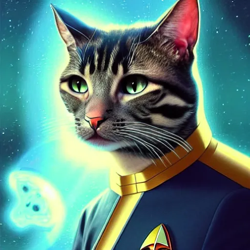 Image similar to a uhd photorealistic portrait of a cosmic cat wearing a starfleet uniform, holding a phaser, fantasy, sharp focus, intricate, sci - fi, artstation, matte, hyperdetailed, concept art, illustration, studio lighting, art by ilya kuvshinov, artgerm, alphonse mucha, amano, and karol bak