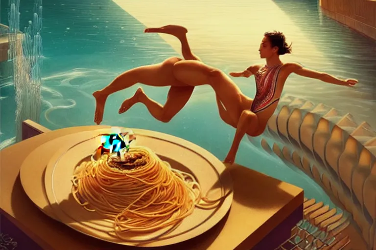 Image similar to olympic diver is diving into a dish of pasta, splash, art deco intricate ripples, fantasy, elegant, highly detailed, sharp focus, art by artgerm and beeple and greg rutkowski and wlop