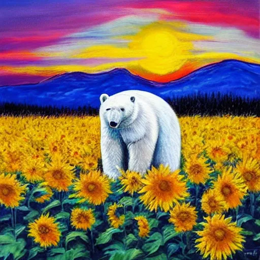 Image similar to Impasto painting of a polar bear in a field of sunflowers over a sunset, ayahuasca