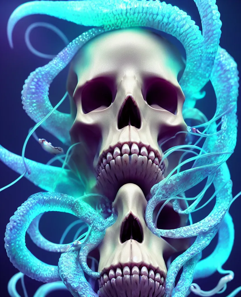 Image similar to goddess close - up portrait human skull, ram skull, squid phoenix jellyfish, orchid, betta fish, bioluminiscent, intricate artwork by tooth wu and wlop and beeple. octane render, trending on artstation, greg rutkowski very coherent symmetrical artwork. cinematic, hyper realism, high detail, octane render, 8 k