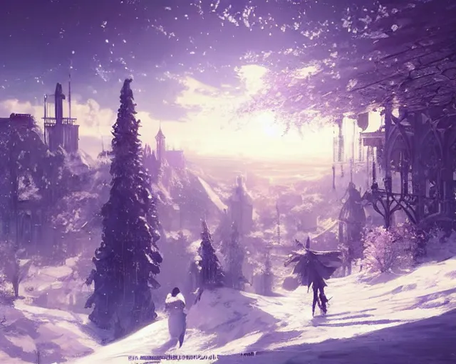 Image similar to scenery artwork, scene beautiful, light!! light essential cozy winter snow world snow and expansive dream scenery pixiv scenery art beautiful, surrealism oil on canvas, artstation!! pixiv!! dream scenery, quality astral projection render, nier automata concept art, vaporwave textures