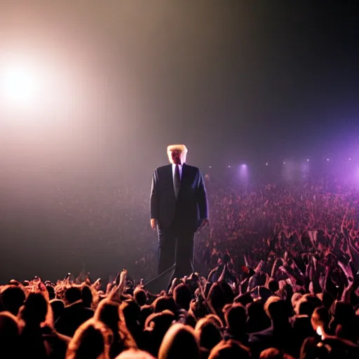 Image similar to donald trump going crazy on stage as the lead singer in a black metal band, full makeup, large crowd, 5 0 mm lens, volumetric lighting