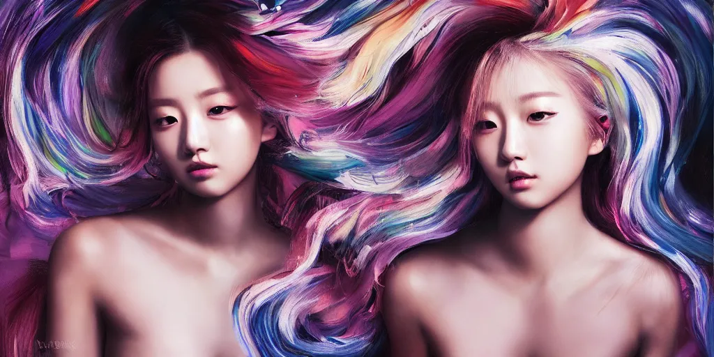 Prompt: a portrait of a very beautiful kpop goddess, seductive look, with hair radiating swirling paint and impasto by irakli nadar and caravaggio, background is volumetric displacement, paint swirls, no hands, hyperreal, dark, dramatic lighting, analogous complementary colour scheme