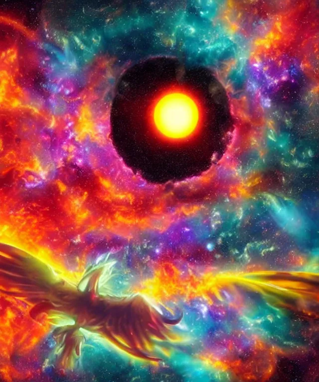 Image similar to black hole, sun, space, bright colors, surreal art, perfect composition, phoenix flames, nebula clouds, soft tones