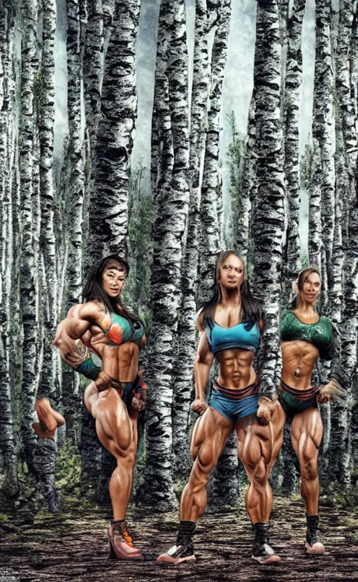 Image similar to photo of several female bodybuilders posing in a birch forest, beautiful detailed face, ultra realistic, concept art, intricate details, serious, highly detailed, photorealistic, octane render, 8 k, unreal engine, art by todd mcfarlane