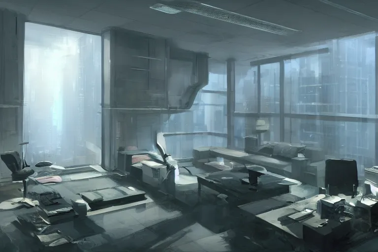 Prompt: a futuristic high tech apartment office interior, by Craig Mullins, octane rendering, moody lighting, wide angle lens, in the style of blade runner