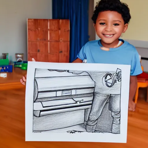 Prompt: young kid proudly showing a drawing of a treadmill