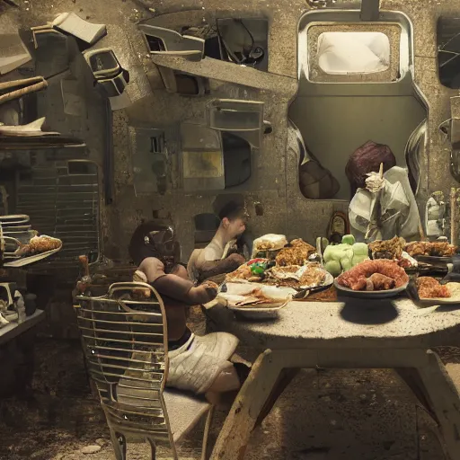 Image similar to last meal on earth, dystopia, 5 0 mm shot, ultra realistic