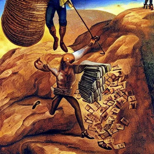 Image similar to Benjamin Netanyahu depicted as Sisyphus, carrying sacks of money up a mountain in hell, by Michael Cheval