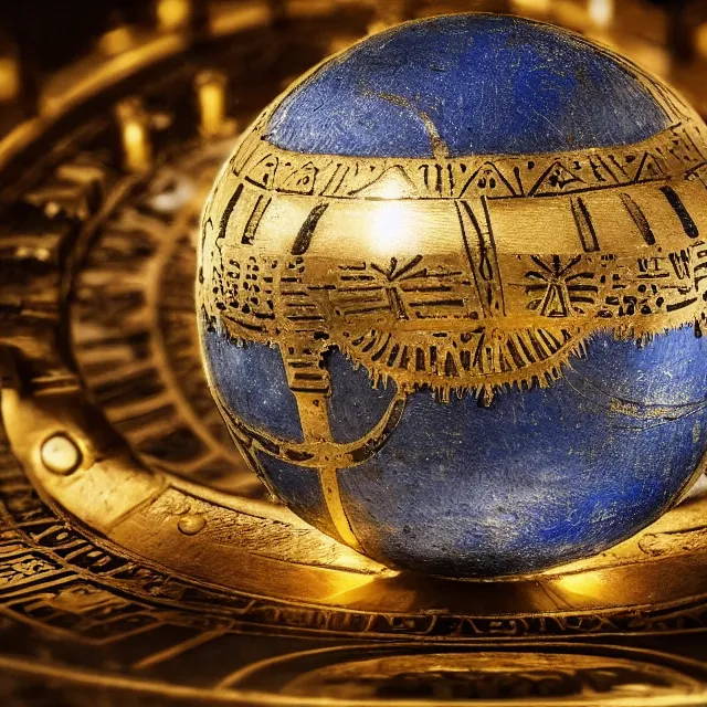 Prompt: a dramatically lit photo of an ancient, powerful brass and gold artifact round ball spherical artifact sitting on a table. the ball is covered in dials and ancient egyptian markings, with two arrows, glowing from within, filled with gears glimpsed inside, with a dark blue star - chart