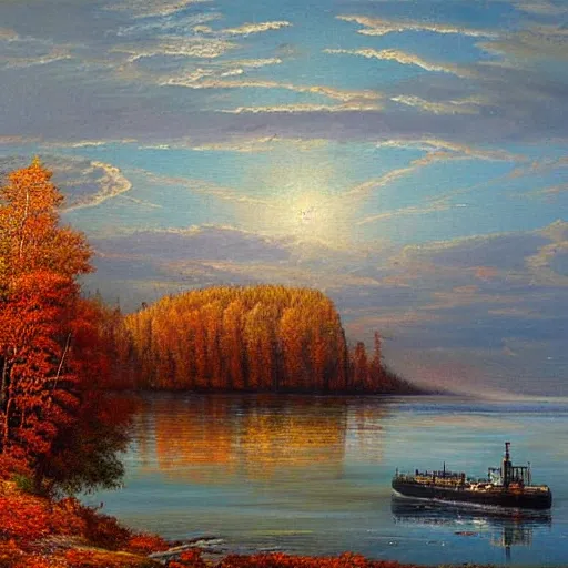 Prompt: Lake Superior in Autumn, Freighter ship in distance, landscape, beautiful artwork by ivan shishkin