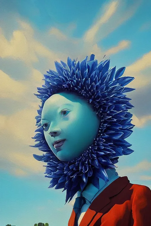 Image similar to closeup giant dahlia flower head, girl in a suit on a street, surreal photography, blue sky, sunrise, dramatic light, impressionist painting, digital painting, artstation, simon stalenhag