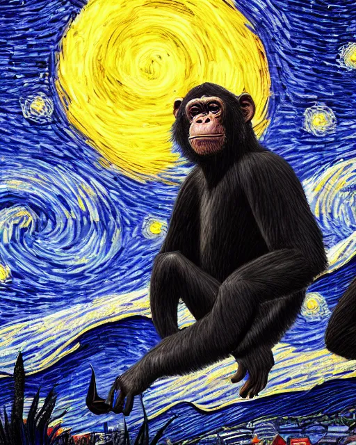 Prompt: very detailed high resolution illustration of a mystical chimpanzee, backlit, starry night, surrounded, 3 d, 8 k, extremely detailed, artstation, award winning