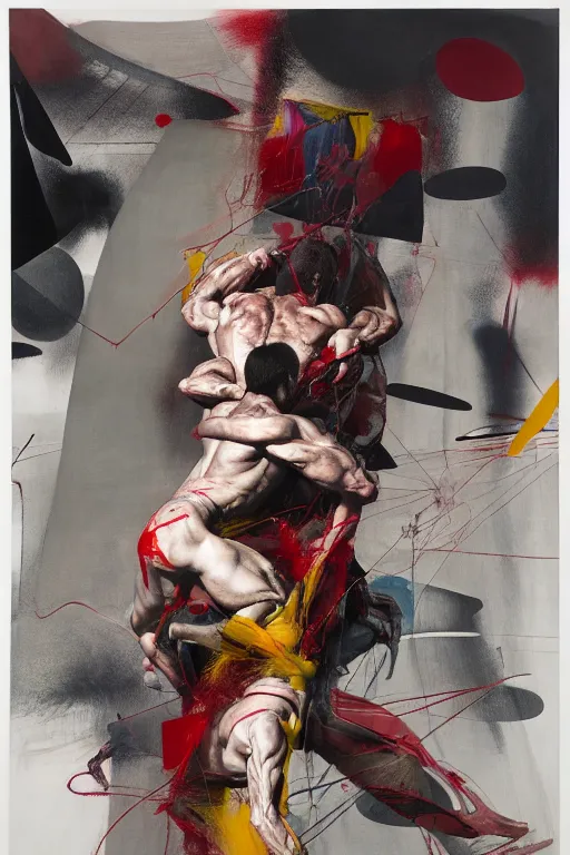 Image similar to two muscular men entwined, floating inside a brutalist space ship, gothic, rich deep colours, painted by francis bacon, adrian ghenie, james jean, petra cortright and jenny saville, part by gerhard richter, part by takato yamamoto. 8 k 3 d