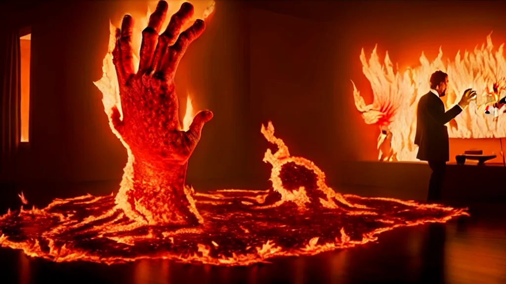 Prompt: a giant hand made of blood and fire floats through the living room, film still from the movie directed by Denis Villeneuve with art direction by Salvador Dalí, wide lens