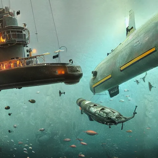 Prompt: A beautiful very hyper realistic detailed matte painting of an underwater scene in very clear water of a very shiny detailed submarine control panel made of motherboards , by Sparth and Jeff Simpson and beeple and Robin Eley famous hyperrealism artists, clearest water in the world, octane render