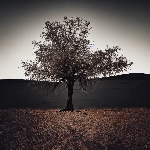 Prompt: photo of a burning tree in the middle of the desert, cinematic photography, dramatic setting