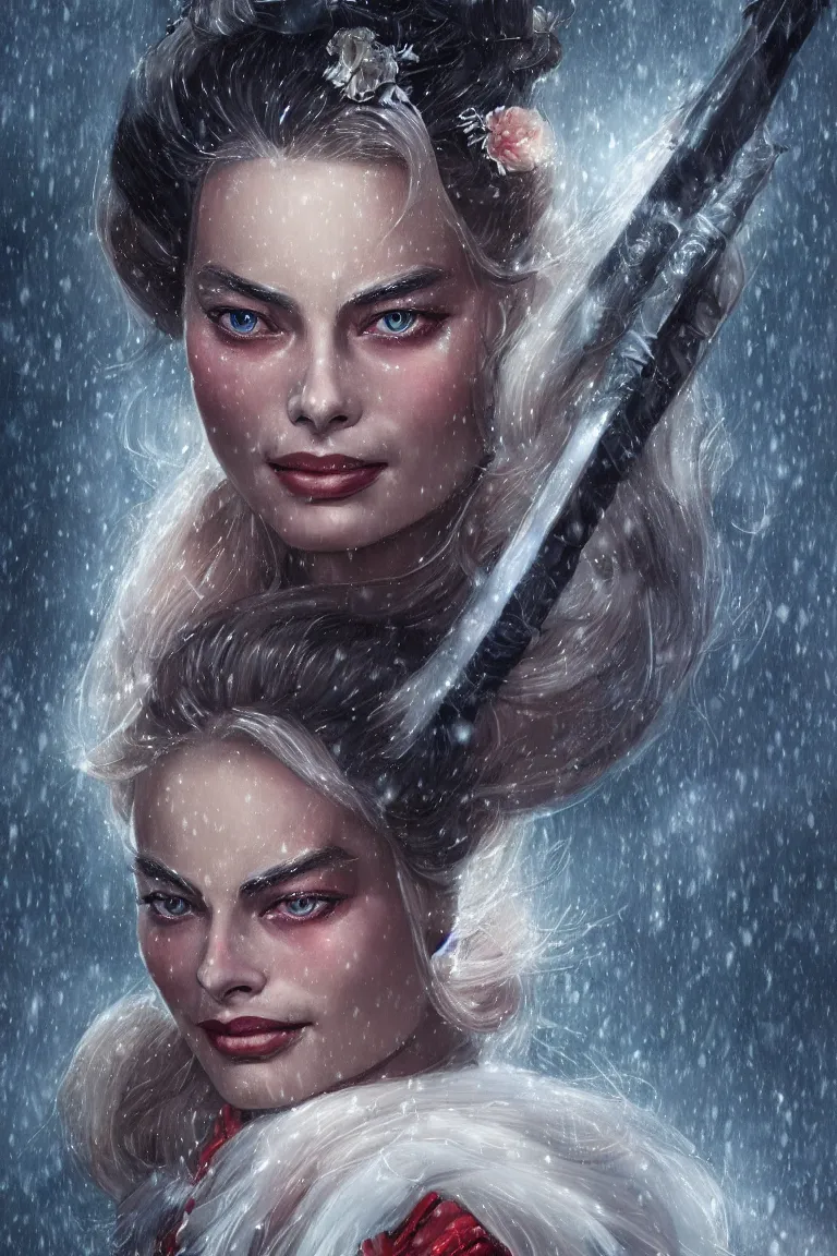 Prompt: a beautiful ultradetailed fantasy character portrait of margot robbie as a geisha wielding a sword by charlie bowater, catchlight in the eyes, trending in behance, close up portrait photo, bokeh, 4K, during snowfall