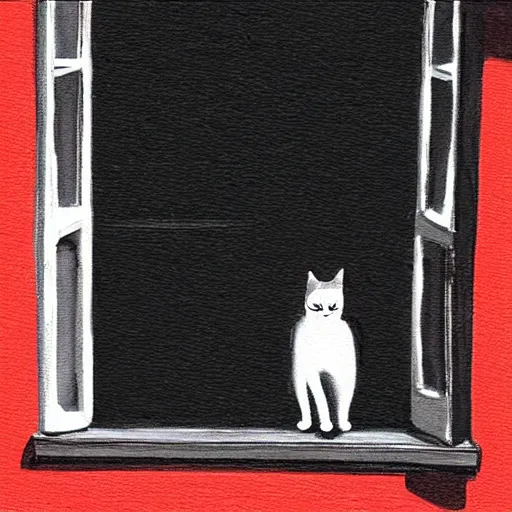 Prompt: two black cats looking through the window, red building and tree in the background, instagram, grainy picture, natural nightning