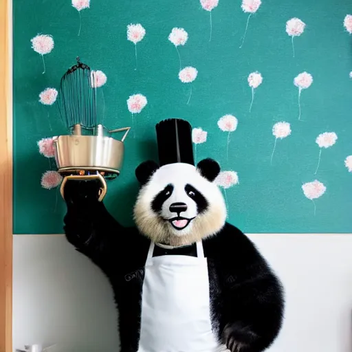 Prompt: A high contrast portrait of a very happy fuzzy panda dressed as a chef in a high end kitchen making dough. There is a painting of flowers on the wall behind him.