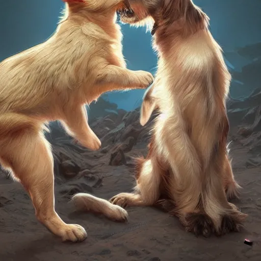 Image similar to puppies fighting rabbits, contrast, deep focus, turnaround, highly detailed, dramatic lighting, digital painting, artstation, concept art, matte, sharp focus, illustration, elegant, art by artgerm and greg f and alphonse mucha.