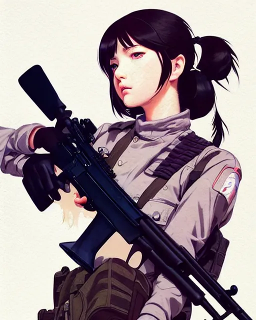 Prompt: girl holding a rifle | | very very anime!!!, fine - face, audrey plaza, realistic shaded perfect face, fine details. anime. realistic shaded lighting poster by ilya kuvshinov katsuhiro otomo ghost - in - the - shell, magali villeneuve, artgerm, jeremy lipkin and michael garmash and rob rey