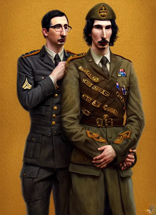 Image similar to a portrait of john oliver and adam driver posing together, stoic, military uniform, fantasy, intricate, elegant, beautiful, highly detailed, centered, digital painting, artstation, concept art, smooth, sharp focus, art style by klimt and nixeu and ian sprigger and wlop and krenz cushart