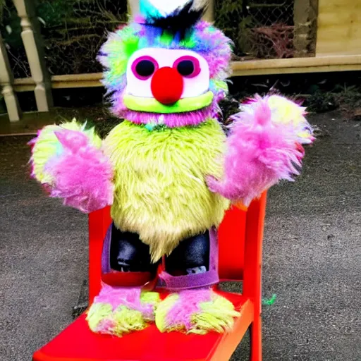 Prompt: an adorable fluffy furby muppet plush character with big gremlin ears and funfetti cake coloring wearing a little clown outfit and sitting on a wooden chair