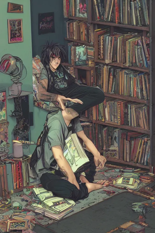 Prompt: goth guy sitting on the floor of a cluttered 9 0 s bedroom reading a book by sophie anderson, vaporwave colors, lo - fi, concept art, smooth, detailed, toon shading, cel shading, animation, 4 k, hd,