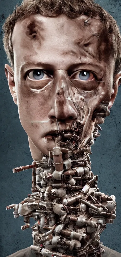 Image similar to horror of elon musk and mark zuckerberg fused together with scaffolding and pipes, body horror, pipes, disturbing, scary, dark, 4K, creepy