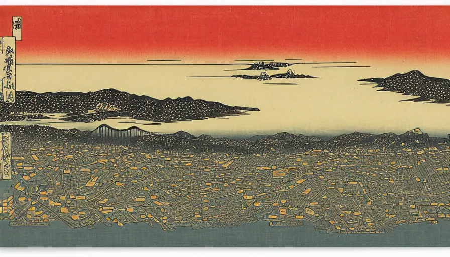 Prompt: sunset over the san francisco bay area by utagawa kunisada