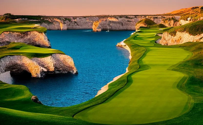 Image similar to a great photograph of the most amazing golf hole in the world, cliffs by the sea, perfect green fairway, human perspective, ambient light, 5 0 mm, golf digest, top 1 0 0, golden hour