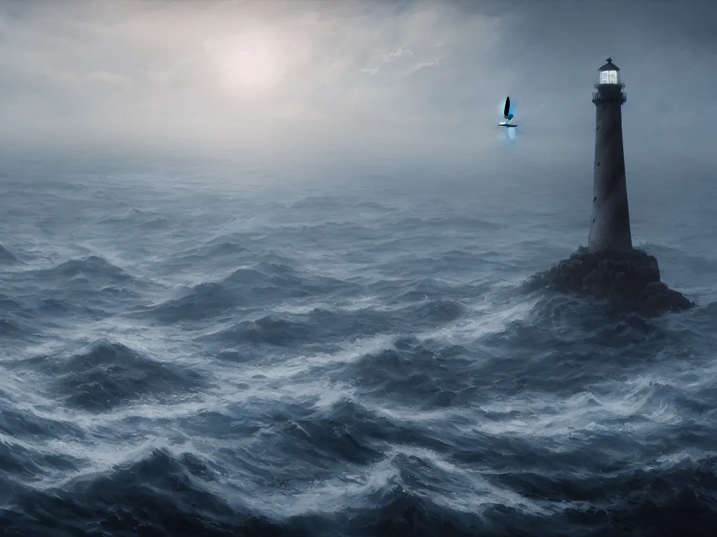 Image similar to a beautifuly ultradetailed painting of a lighthouse in a sea of black water with eldritch terrors crawling up from the water, icy mist, morning shot, raphael lacoste, makoto shinkai, 4 k, trending on artstation, aerial photography, ultrawide lens : 2, dof : - 1, blur : - 1