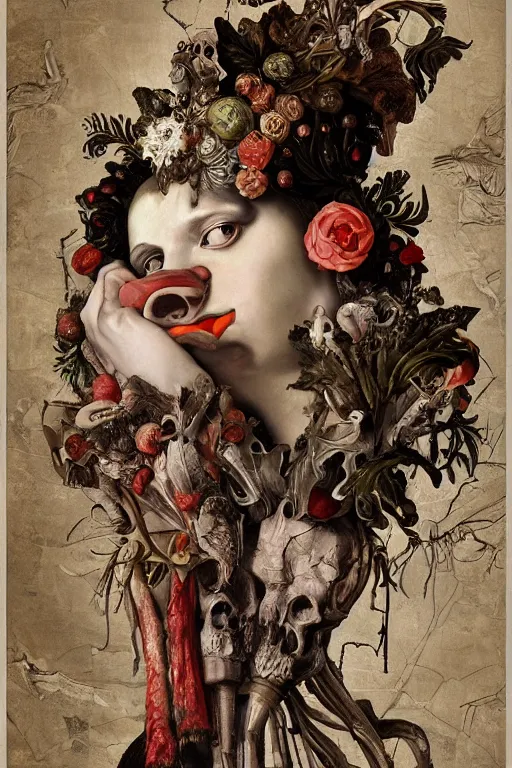 Image similar to Detailed maximalist portrait a Greek god with large lips and with large white eyes, exasperated expression, botany bones, with extra fleshy bits, HD mixed media 3d collage, highly detailed and intricate, surreal illustration in the style of Caravaggio, dark art, baroque