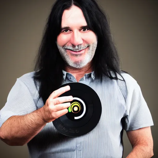 Prompt: middle aged man with long black hair holding a cd